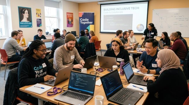 A group of people working on laptops in a classroom setting.