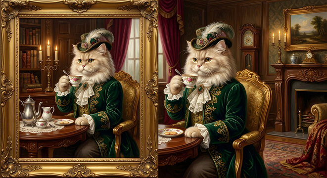 동물의 고전 초상화: 빅토리아 시대 의상을 입고 차를 마시는 고양이