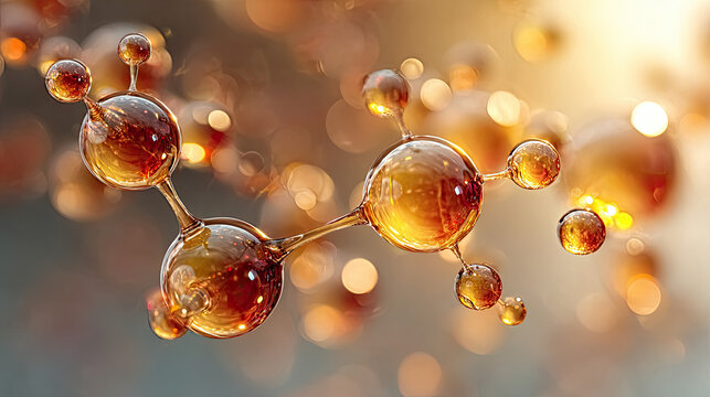 Gold molecule with peptide collagen background concept. Close-up view of amber-colored molecules in a dynamic arrangement.