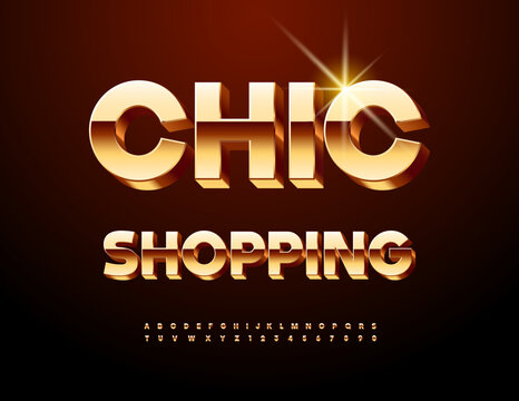 Vector Luxury banner Chic Shopping. Elite Gold 3D Font. Trendy Upscale Alphabet Letters and Numbers set.