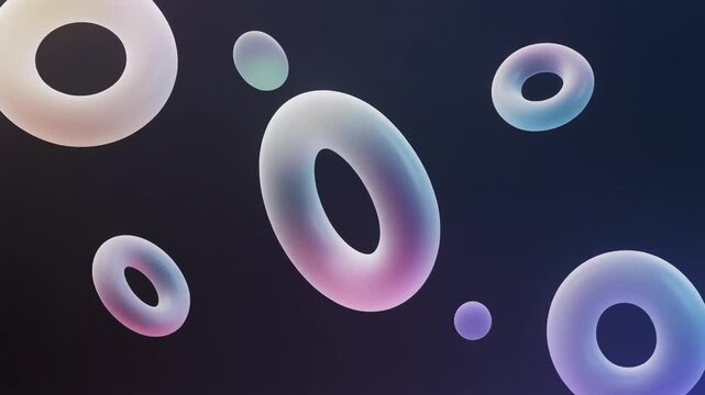 Abstract 3D Floating Torus Shapes and Spheres on Dark Background Generative AI