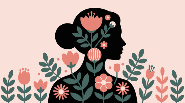 A woman s profile filled with floral imagery representing growth and inner beauty