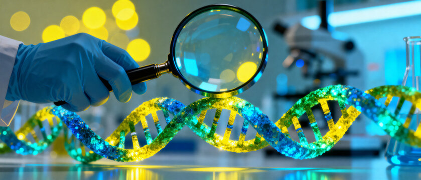 Scientist examining DNA strand with magnifying glass in laboratory setting with colorful lights