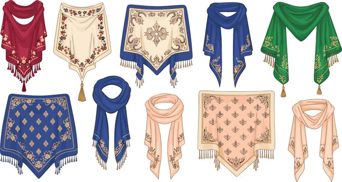 Traditional embroidered shawl and scarf collection with floral patterns decorative fringes elegant textile fashion accessories in colorful styles