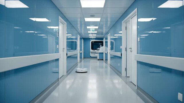 Robot vacuum cleaning modern hospital corridor