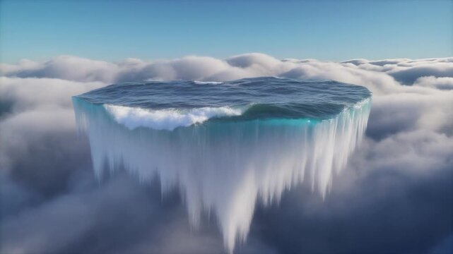 Floating ice block above clouds with icicles under clear blue sky