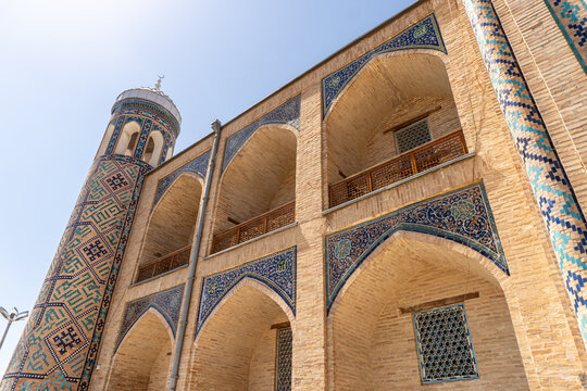 Decorated arches of the Kukeldash Madrasah next to Chorsu bazaar, Tashkent, Uzbekistan. Vertical image with copy space for text