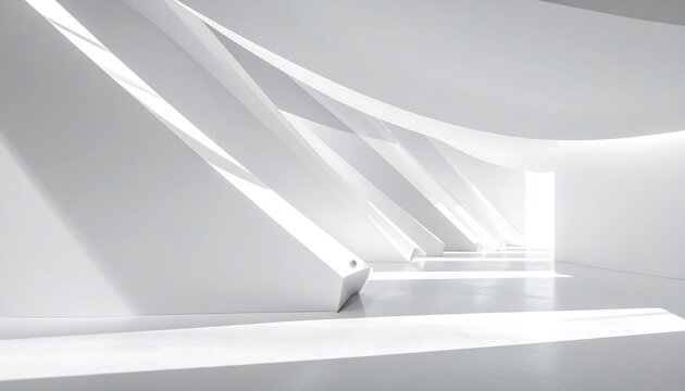 Modern architectural interior with stark white walls, geometric shapes, and dynamic sunlight creating depth and shadows
