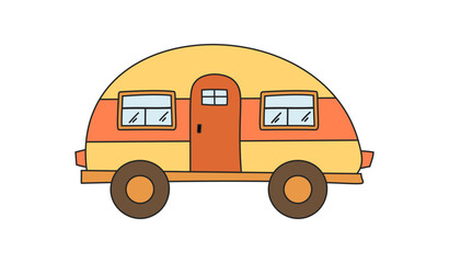 Hand drawn camp car with adventure and cartoon graphic style as bright icon in color. Family tourist element for outdoor trip or travel concept, doodle format for journey and vacation themes. © moonnoon