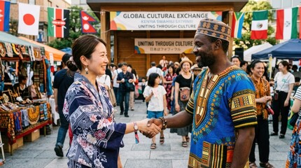 Obraz premium A woman in a kimono shaking hands with a man in a traditional African headdress at a cultural exchange event.