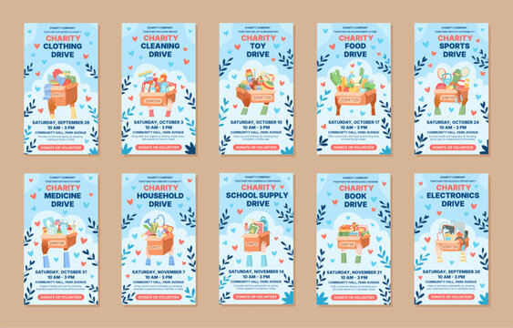Collection of charity support box banner with flat style and soft light blue background. Community donate poster shows people care and philanthropy gift box icon as social media asset donation event
