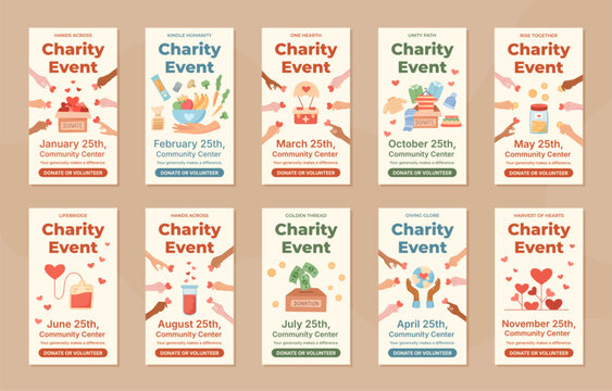 Charity event banner set in flat style. Community poster layout for people who donate and volunteer as support and help. Heart theme with donation message useful as template for social media