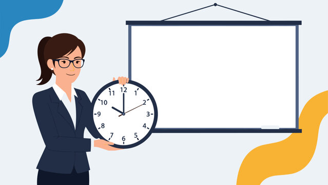 Smart business woman in glasses holding a wall clock next to a blank whiteboard for time management and presentation.