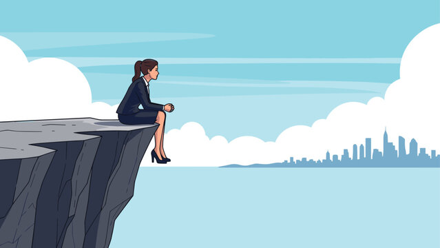 Thoughtful business woman in suit sitting on a high cliff edge looking at a distant city skyline under a cloudy sky.