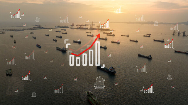 oil tanker navigating with rising financial graph chart. War oil price spike concept, energy fuel crisis, and geopolitical tension stock market impact. the Strait of Hormuz