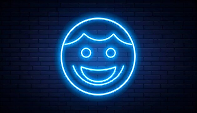 A vibrant neon sign, shaped like a smiling face, glows brightly against a dark blue brick wall background, creating a joyful ambiance