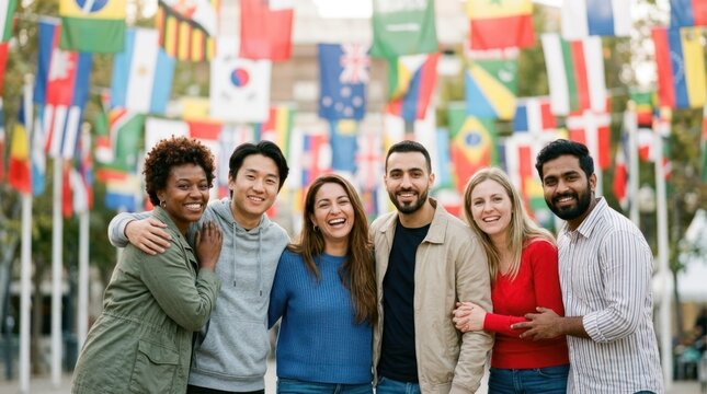 A group of six people standing together in front of a backdrop of international flags.