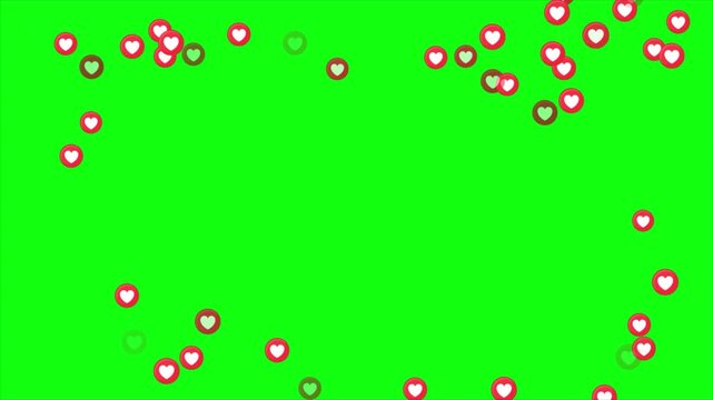 floating heart reaction on green screen loop animation , Live streaming social media cute pink love icons  flowing around the center motion graphic overlay