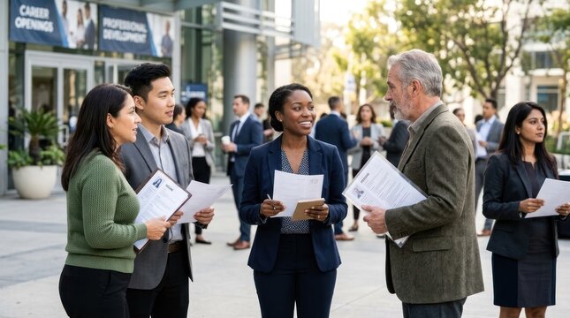 People networking at a career fair in a city street.