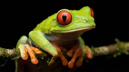 Obraz premium Extreme macro close-up of a red-eyed tree frog (Agalychnis callidryas) on pure deep black background