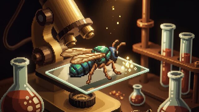 Pixel art bee, under a golden microscope on a glass slide, surrounded by laboratory equipment and test tubes, symbolizing scientific discovery and innovation.