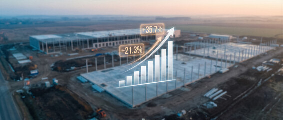 Naklejka premium Aerial view of a large industrial construction site with a digital growth chart overlay