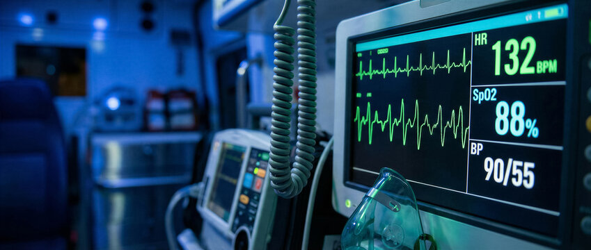 Medical monitor displaying vital signs of a patient in an ambulance during emergency transport
