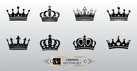 A collection of eight distinct black and white royal crown illustrations for heraldic design uses Vector, illustration © Mahabub