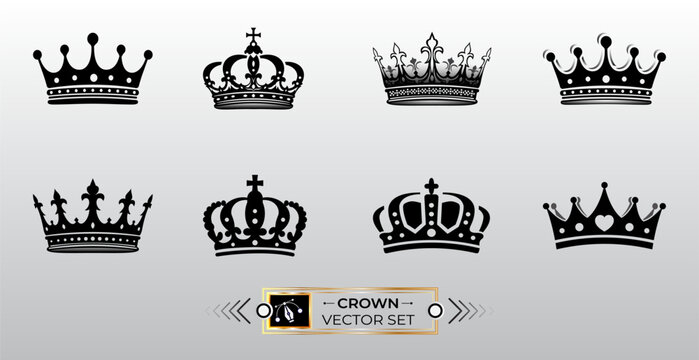 A collection of eight distinct black and white royal crown illustrations for heraldic design uses Vector, illustration