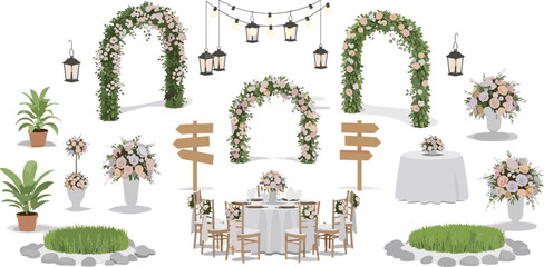 Naklejka premium Outdoor wedding decoration set with floral arches lights table chairs garden ceremony romantic event vector illustration collection