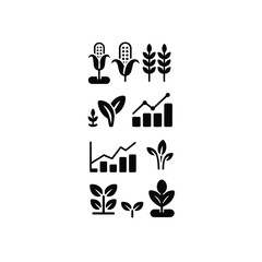 Black silhouette icons depicting agricultural growth plants and data charts © firoj