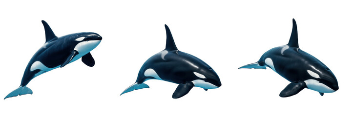 Obraz premium Set of Orca Killer Whale Jumping and Swimming Isolated on Transparent Background PNG