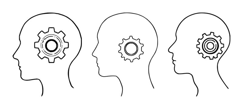 Human head profile set with internal gears and cogs featuring intelligence, brainstorming, strategy with solutions and machinery