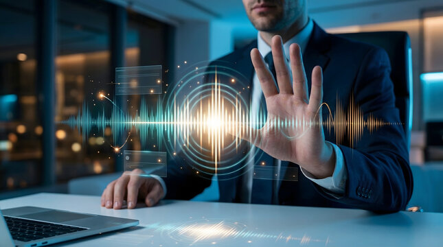 professional businessman in suit interacting with glowing digital sound wave hologram and frequency equalizer display representing voice recognition artificial intelligence and futuristic audio tech