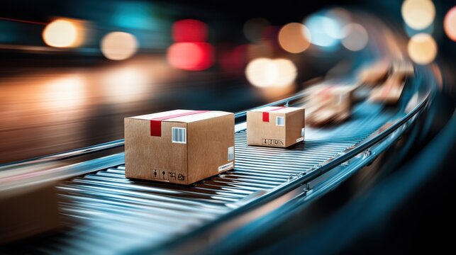 Package processing action on conveyor belt warehouse environment high-speed motion industrial viewpoint