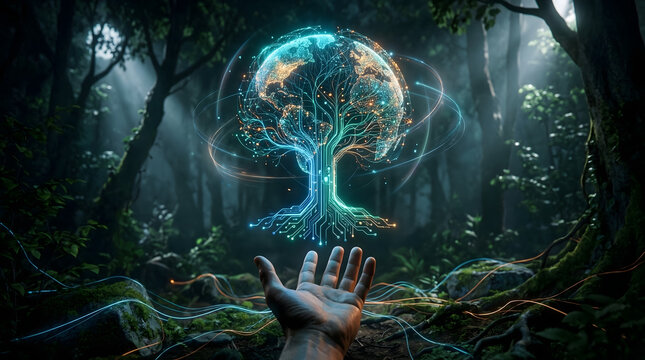 hand reaching toward glowing digital tree of life with world globe and circuit roots in a dark forest representing green technology sustainability and global environmental protection