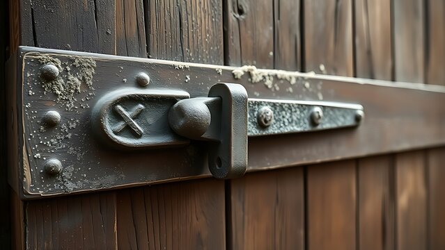hasp. Large iron hasp on a dusty barn door, symbolizing security in soft natural light. real-estate listings.