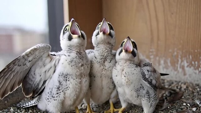 Three adorable baby falcons in their nest eagerly awaiting their next meal.