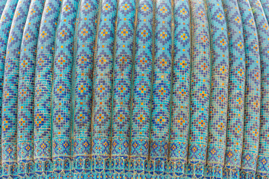 Close up on the details of the dome of Guri Amir or Gur Emir is a mausoleum of the Mongol conqueror Amir Temur, Samarkand, Uzbekistan