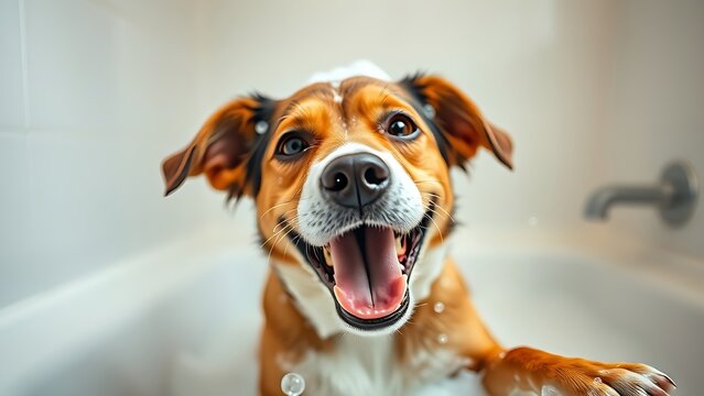 rinse. A playful dog enjoys bath time surrounded by bubbles and suds, showing a happy expression in a clean bathroom. wildlife magazines.