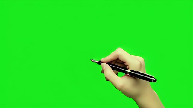 Hand holding a black fountain pen poised against a bright green screen ready for digital compositing or editing purposes