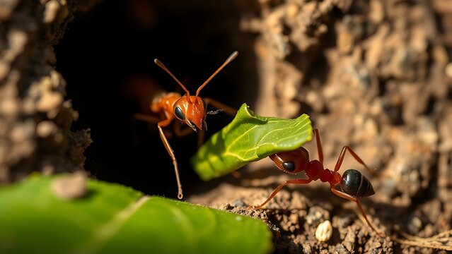 phonology. Ants communicating with antennae at nest entrance, coordinating to carry leaf fragment. wildlife magazines, conservation campaigns, designed for wildlife conservation campaigns.