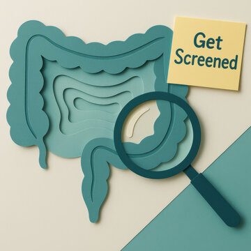 Colon screening awareness concept for healthcare. paper magnifying glass over teal colon with sticky note urging to Get Screened for early detection and wellness