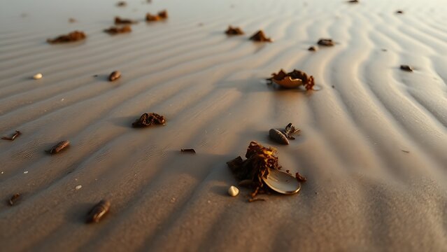 receding. Wet sand with patterns from shells and seaweed revealed by a receding tide at a serene beach. travel magazines, destination branding, designed for outdoor magazines and nature guides.