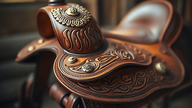 conchos. Extreme close-up of a Western saddle's cantle with intricate tooled leather patterns and brass conchos. wildlife magazines, conservation campaigns, designed for eco-tourism storytelling.