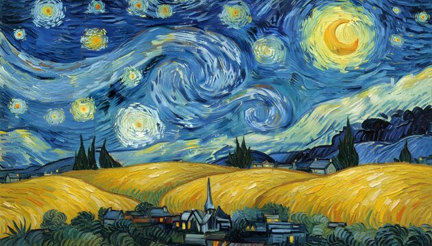 A post-impressionist painting of a dreamy nighttime scene with swirling clouds and stars over a quiet village surrounded by rolling hills