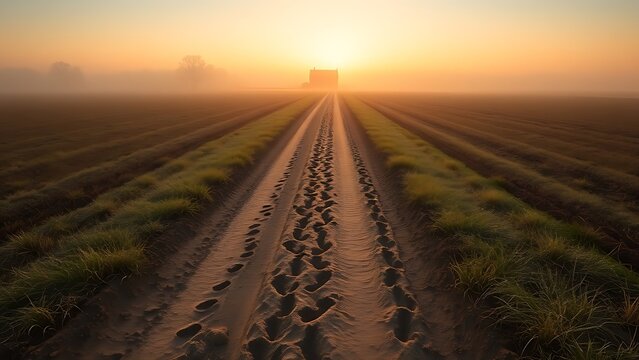 rightly. A dirt path with footprints leading to a misty farmhouse at dawn. travel magazines, destination branding, designed for travel destination branding and outdoor magazines and nature guides.