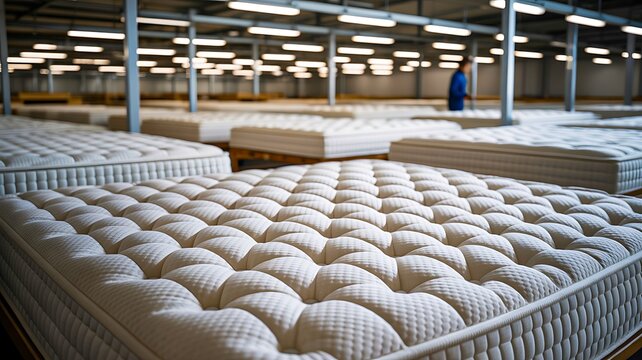 Industrial warehouse with stacked mattresses for manufacturing storage and distribution concept