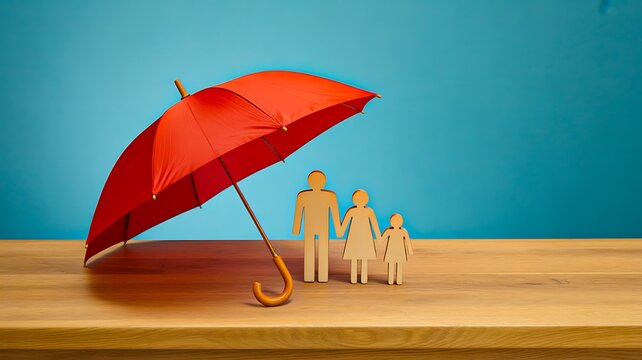 Red umbrella protecting family figures for insurance safety and financial protection concept