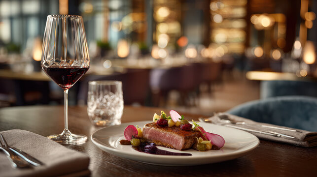 Fine dining gourmet restaurant steak wine luxury elegant dinner setting with plated meat and red wine glass on wooden table